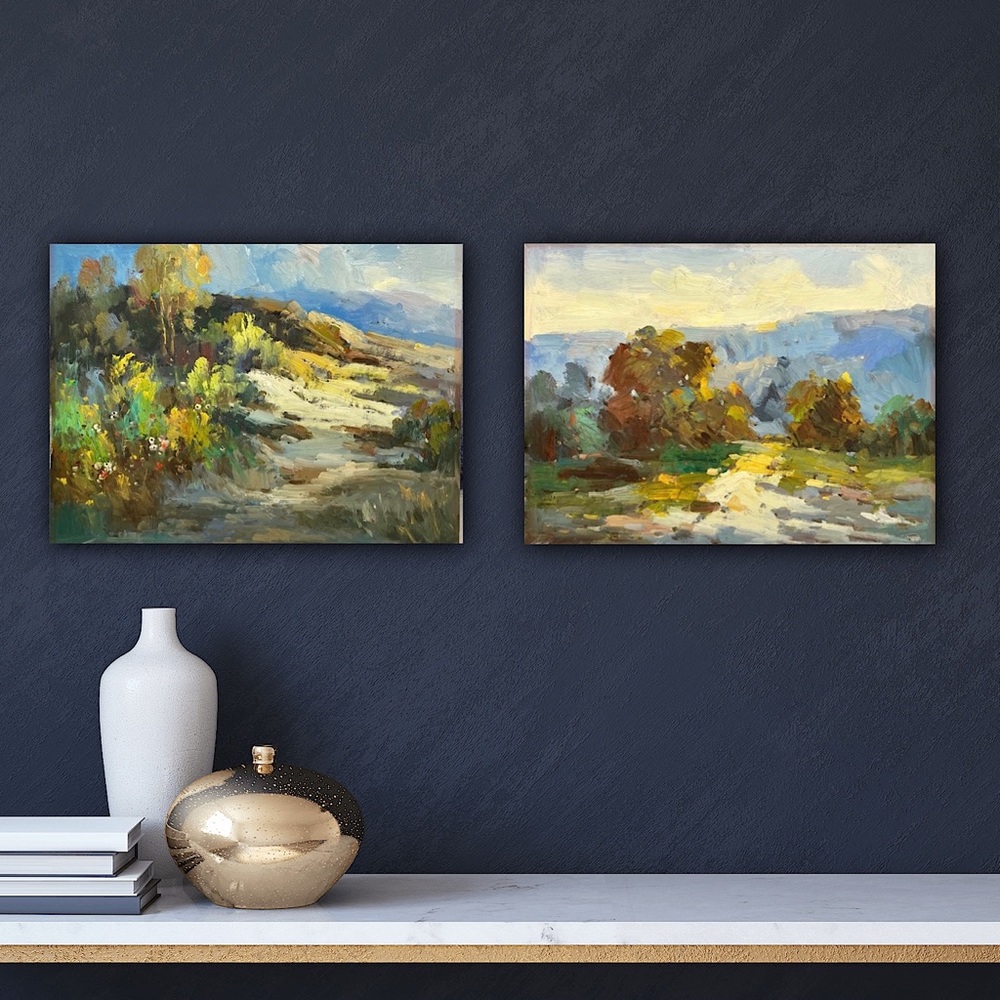 Set of 2 Vintage impasto Landscape Scene Paintings unframed
